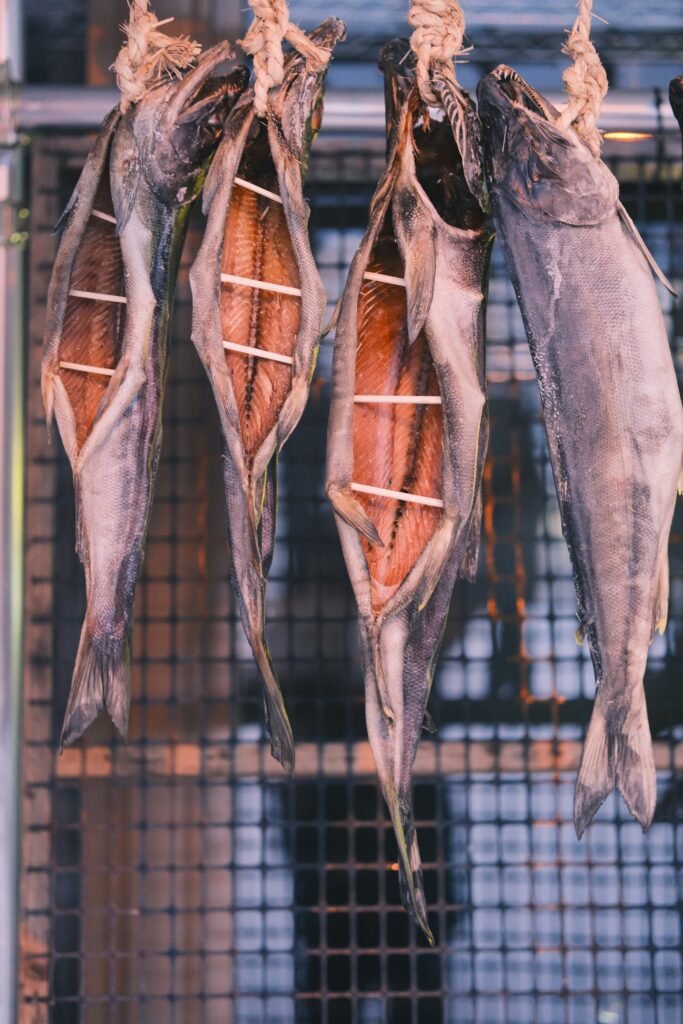 Several dried fish hanging by ropes, split open and secured with wooden sticks, displayed against a metal grid background.